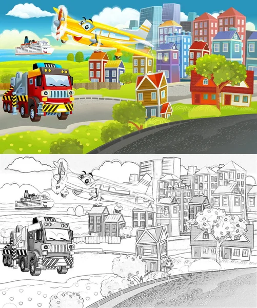 cartoon scene with sketch of the middle of a city with car driving by - illustration for children
