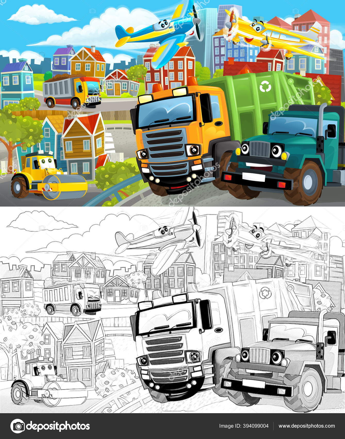 Adegan Kartun Dengan Sketsa Tengah Kota Dengan Truk Dumper Dan Stok Foto Illustrator Hft 394099004
