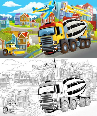 Beton karıştırıcılı ve yanından geçen arabalı bir şehrin çizimi olan bir karikatür sahnesi - çocuklar için illüstrasyon