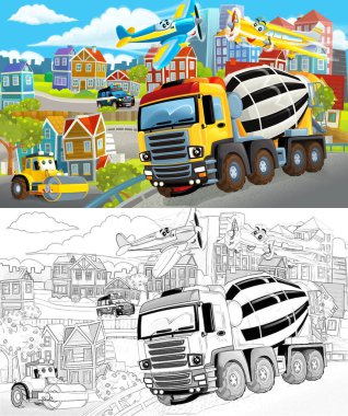 Beton karıştırıcılı ve yanından geçen arabalı bir şehrin çizimi olan bir karikatür sahnesi - çocuklar için illüstrasyon