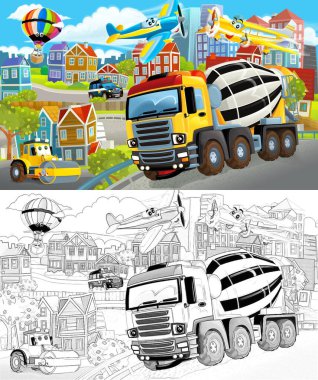 Beton karıştırıcılı ve yanından geçen arabalı bir şehrin çizimi olan bir karikatür sahnesi - çocuklar için illüstrasyon