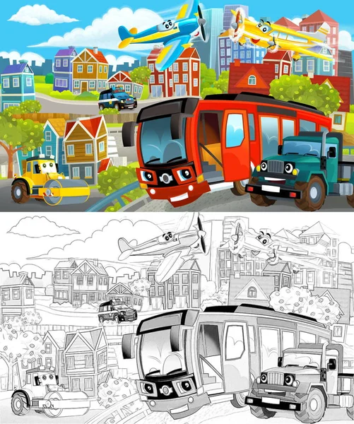 Bosquejo Escena Dibujos Animados Del Centro Una Ciudad Con Coches —  Fotos de Stock