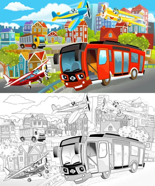 Cartoon Scene Sketch Middle City Cars Driving Illustration Children — Stock Photo, Image