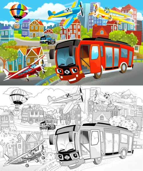 Cartoon Scene Sketch Middle City Cars Driving Illustration Children — Stock Photo, Image