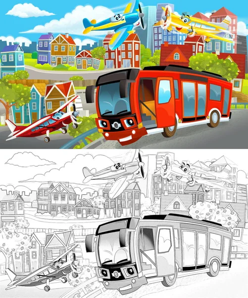 Cartoon Scene Sketch Middle City Cars Driving Illustration Children — Stock Photo, Image