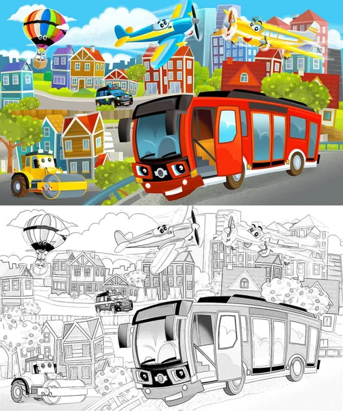 Cartoon Scene Sketch Middle City Cars Driving Illustration Children — Stock Photo, Image