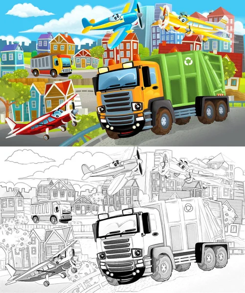 城市中心地带的卡通画 用垃圾车和汽车在旁边开着 儿童图解 — 图库照片