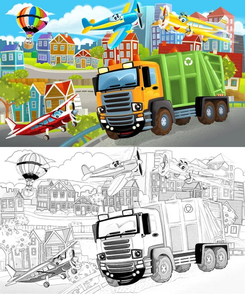城市中心地带的卡通画 用垃圾车和汽车在旁边开着 儿童图解 — 图库照片