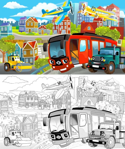 車を運転して街の真ん中の漫画シーンスケッチ 子供のためのイラスト — ストック写真