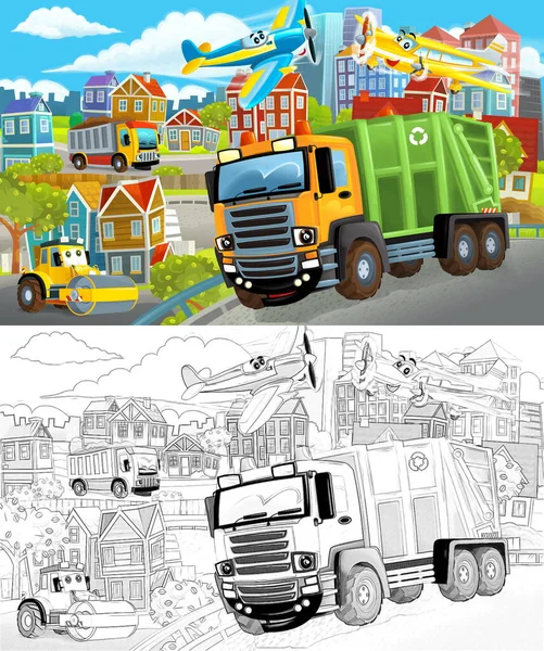 卡通片场景 描绘了一个城市的中央 有一辆垃圾车 还有一辆汽车驶过 为孩子们提供图解 — 图库照片
