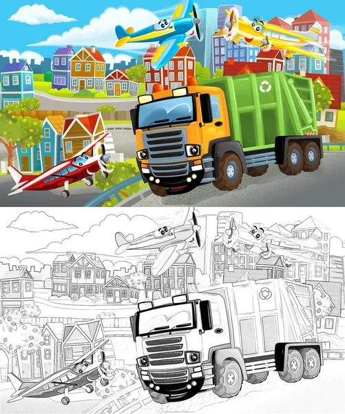 Desenho Animado Cena Esboço Meio Uma Cidade Com Caminhão Basculante — Fotografia de Stock