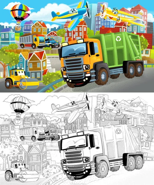 卡通片场景 描绘了一个城市的中央 有一辆垃圾车 还有一辆汽车驶过 为孩子们提供图解 — 图库照片