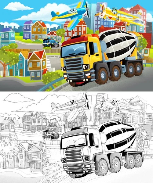 Cartoon Scene Sketch Middle City Concrete Mixer Cars Driving Illustration — Stock Photo, Image