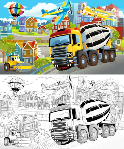 Cartoon Scene Sketch Middle City Concrete Mixer Cars Driving Illustration — Stock Photo, Image