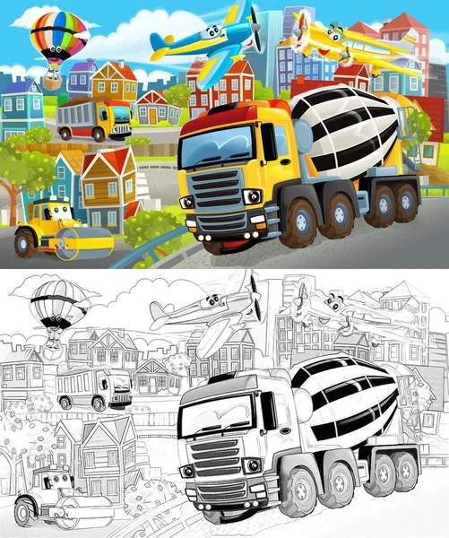 用混凝土搅拌机勾画出城市中央的卡通画 并配有供孩子们使用的小车 — 图库照片