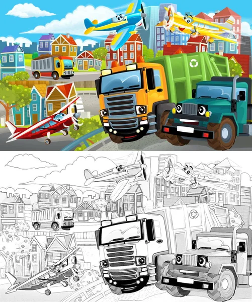 Zeichentrickszene Mit Skizze Der Mitte Einer Stadt Mit Kipper Und — Stockfoto