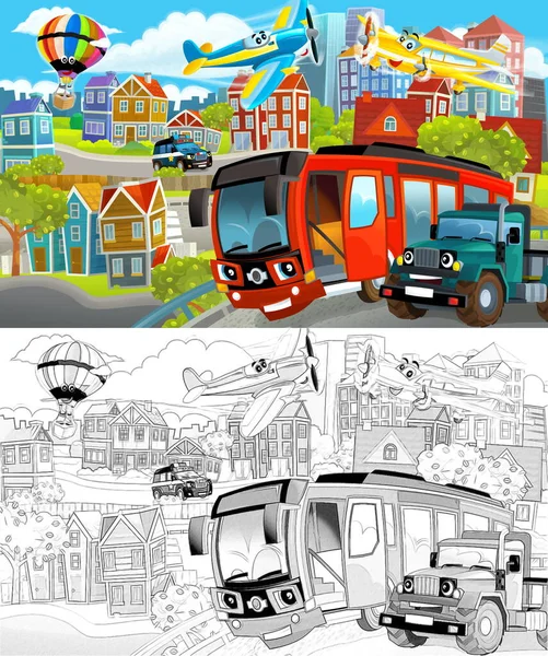 Şehrin Ortasında Geçen Arabaların Çizildiği Karikatür Sahnesi Çocuklar Için Illüstrasyon — Stok fotoğraf