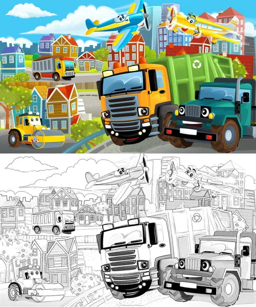 Cena Dos Desenhos Animados Com Esboço Meio Uma Cidade Com — Fotografia de Stock