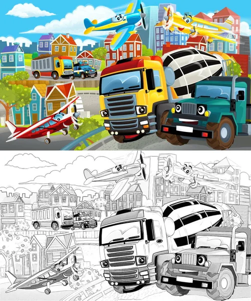 Şehrin Ortasında Bir Karikatür Sahnesi Çöp Kamyonu Çocuklar Için Çizimler — Stok fotoğraf