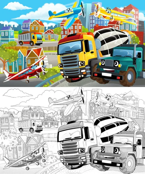 Kreslená Scéna Náčrtem Středu Města Terénním Vozíkem Auty Projíždějícími Kolem — Stock fotografie