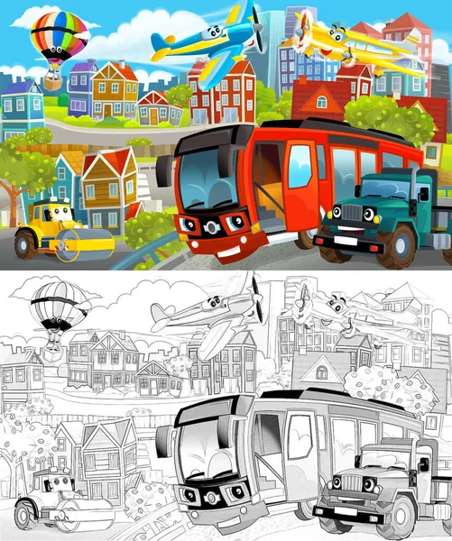 Cartoon Scene Sketch Middle City Cars Driving Illustration Children — Stock Photo, Image