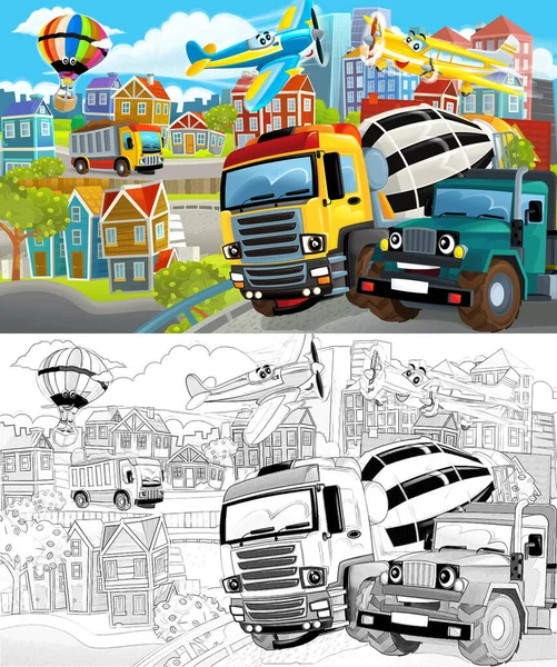 Şehrin Ortasında Bir Karikatür Sahnesi Çöp Kamyonu Çocuklar Için Çizimler — Stok fotoğraf