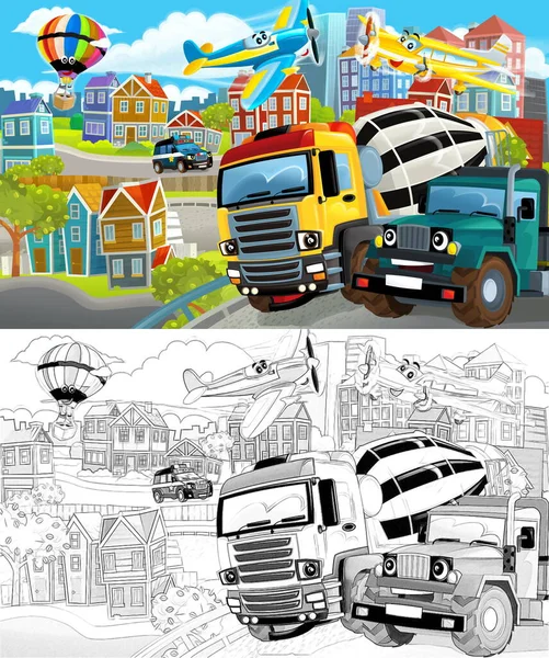 Cartoon Scene Sketch Middle City Dumper Truck Cars Driving Illustration — Stock Photo, Image