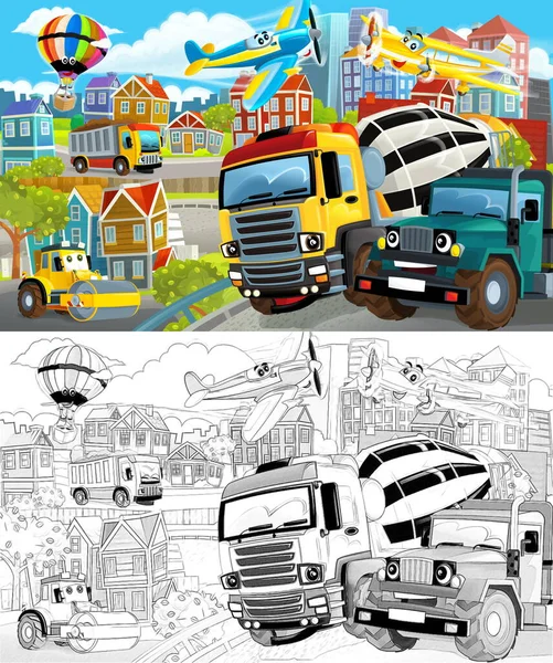 ダンパートラックと街の真ん中のスケッチや車で運転する漫画シーン 子供のためのイラスト — ストック写真