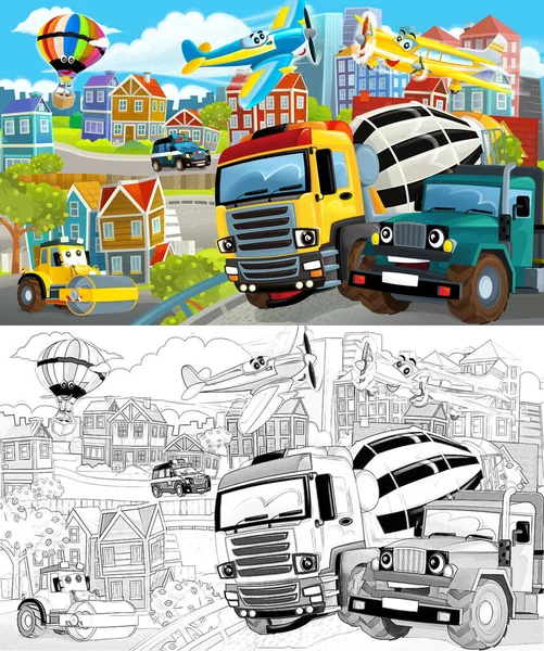 ダンパートラックと街の真ん中のスケッチや車で運転する漫画シーン 子供のためのイラスト — ストック写真