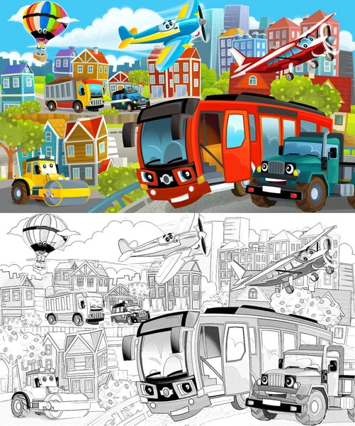 Kreslená Scéna Náčrtem Středu Města Auty Projíždějícími Kolem Ilustrace Pro — Stock fotografie