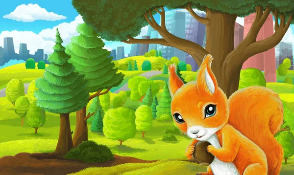 cartoon scene in park outside the city with squirrel holding nut illustration for children