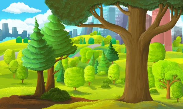 Escena Dibujos Animados Parque Fuera Ciudad Sin Nadie Escenario Ilustración — Foto de Stock