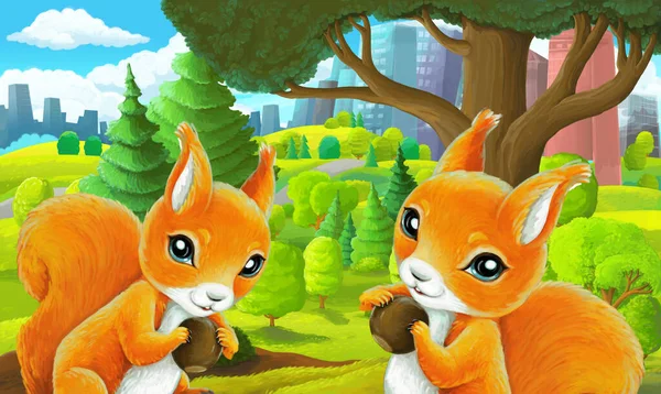 cartoon scene in park outside the city with squirrel holding nut illustration for children