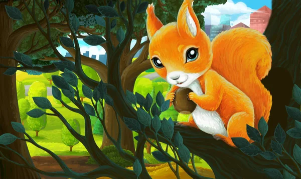 cartoon scene in park outside the city with squirrels holding nut illustration for children