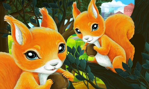 cartoon scene in park outside the city with squirrels holding nut illustration for children