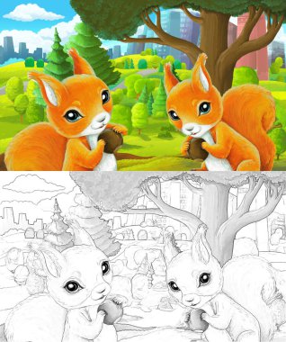 Çizim yapılan karikatür sahnesi şehrin dışında çocuklar için fındık resimlerini taşıyan sincapla çizilmiş.