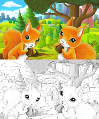 Çizim yapılan karikatür sahnesi şehrin dışında çocuklar için fındık resimlerini taşıyan sincapla çizilmiş.