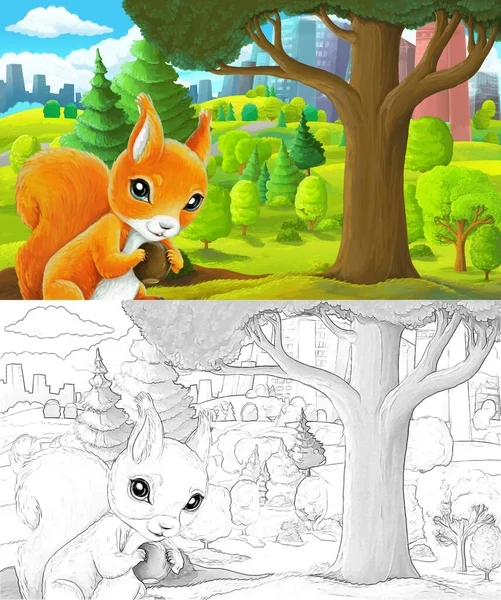 cartoon scene with sketch in park outside the city with squirrel holding nut illustration for children