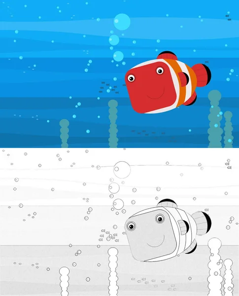 Happy Cartoon Underwater Scene Sketch Swimming Coral Reef Fish Space — Stock Photo, Image