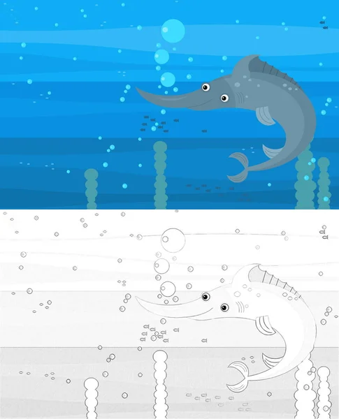 卡通片在水下的快乐场景 与游泳的珊瑚礁鱼的素描与文字空间 儿童插图 — 图库照片