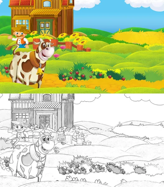 Kreslená Scéna Náčrtem Farmy Ranč Zvíře Blízkosti Dřevěné Stodoly Ilustrace — Stock fotografie