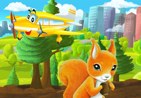 Cartoon Scene Sketch Park City Private Plane Flying Illustration Children — Stock Photo, Image