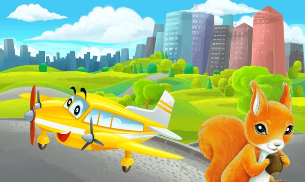 cartoon scene with sketch in park outside the city with private plane flying illustration for children