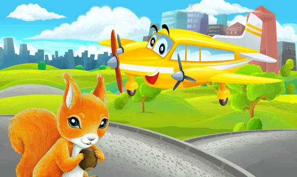 Cartoon Scene Sketch Park City Private Plane Flying Illustration Children — Stock Photo, Image