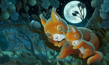 Şehrin dışındaki parkta çocuklar için uyuyan sincap ailesiyle çekilmiş bir çizgi film sahnesi.