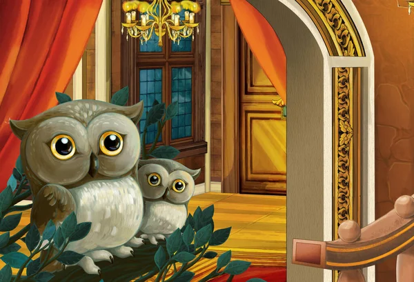 Cartoon Scene Owls Sitting Castle Room Illustration Children — Stock Photo, Image