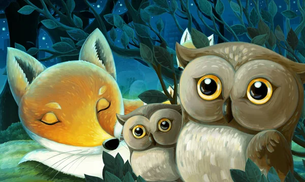 Kreskówkowa Scena Zwierzętami Rodzina Lisów Lesie Śpi Nocy Ilustracja Dla — Zdjęcie stockowe