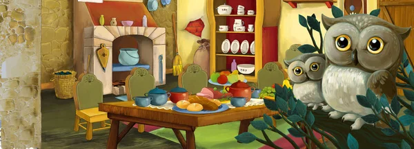 Escena Dibujos Animados Con Búhos Sentado Sala Cocina Granja Ilustración —  Fotos de Stock