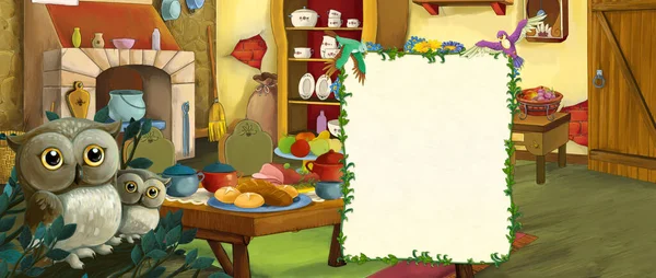 Escena Dibujos Animados Con Familia Búhos Casa Campo Ilustración Para —  Fotos de Stock