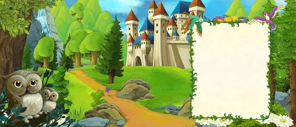 Cartoon Scene Owls Forest Castle Meadow Illustration Children — Stock Photo, Image